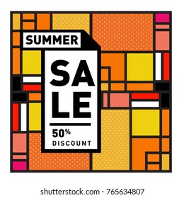 Summer sale memphis style web banner. Fashion and travel discount poster. Vector holiday Abstract colorful illustration with special offer and promotion.