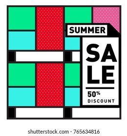 Summer sale memphis style web banner. Fashion and travel discount poster. Vector holiday Abstract colorful illustration with special offer and promotion.