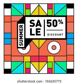 Summer sale memphis style web banner. Fashion and travel discount poster. Vector holiday Abstract colorful illustration with special offer and promotion.