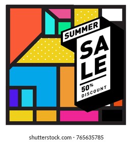 Summer sale memphis style web banner. Fashion and travel discount poster. Vector holiday Abstract colorful illustration with special offer and promotion.