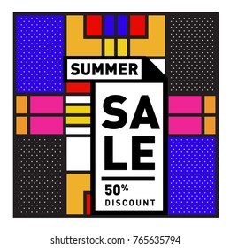 Summer sale memphis style web banner. Fashion and travel discount poster. Vector holiday Abstract colorful illustration with special offer and promotion.