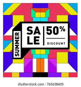 Summer sale memphis style web banner. Fashion and travel discount poster. Vector holiday Abstract colorful illustration with special offer and promotion.