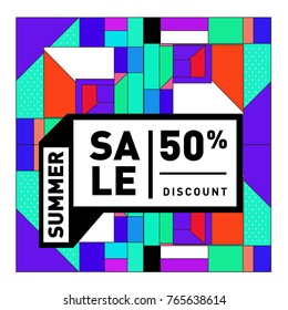 Summer sale memphis style web banner. Fashion and travel discount poster. Vector holiday Abstract colorful illustration with special offer and promotion.