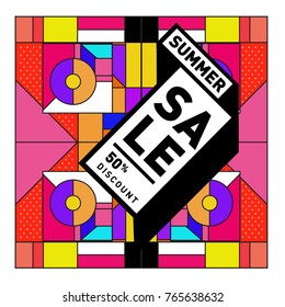 Summer sale memphis style web banner. Fashion and travel discount poster. Vector holiday Abstract colorful illustration with special offer and promotion.