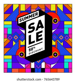 Summer sale memphis style web banner. Fashion and travel discount poster. Vector holiday Abstract colorful illustration with special offer and promotion.