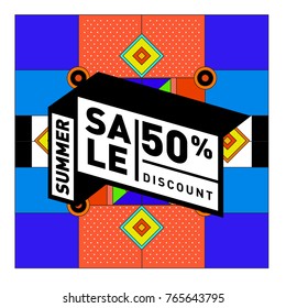 Summer sale memphis style web banner. Fashion and travel discount poster. Vector holiday Abstract colorful illustration with special offer and promotion.