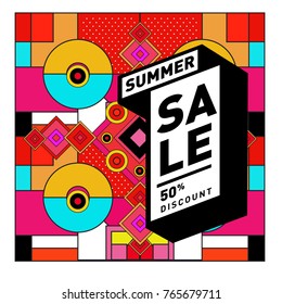 Summer sale memphis style web banner. Fashion and travel discount poster. Vector holiday Abstract colorful illustration with special offer and promotion.