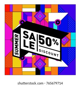 Summer sale memphis style web banner. Fashion and travel discount poster. Vector holiday Abstract colorful illustration with special offer and promotion.