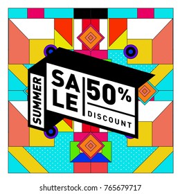 Summer sale memphis style web banner. Fashion and travel discount poster. Vector holiday Abstract colorful illustration with special offer and promotion.