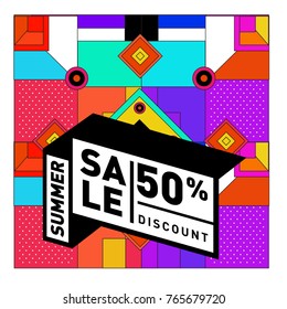 Summer sale memphis style web banner. Fashion and travel discount poster. Vector holiday Abstract colorful illustration with special offer and promotion.