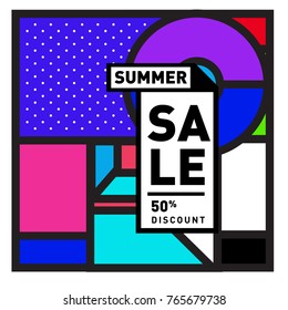 Summer sale memphis style web banner. Fashion and travel discount poster. Vector holiday Abstract colorful illustration with special offer and promotion.