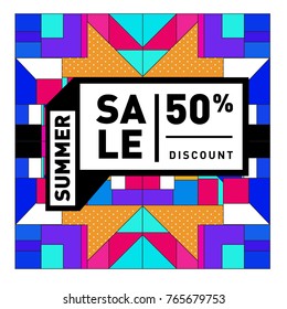 Summer sale memphis style web banner. Fashion and travel discount poster. Vector holiday Abstract colorful illustration with special offer and promotion.