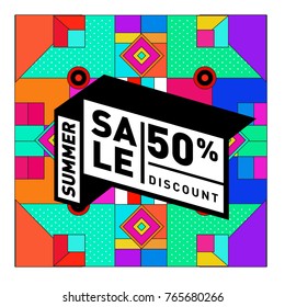 Summer sale memphis style web banner. Fashion and travel discount poster. Vector holiday Abstract colorful illustration with special offer and promotion.