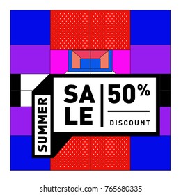 Summer sale memphis style web banner. Fashion and travel discount poster. Vector holiday Abstract colorful illustration with special offer and promotion.