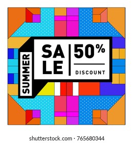 Summer sale memphis style web banner. Fashion and travel discount poster. Vector holiday Abstract colorful illustration with special offer and promotion.