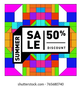 Summer sale memphis style web banner. Fashion and travel discount poster. Vector holiday Abstract colorful illustration with special offer and promotion.