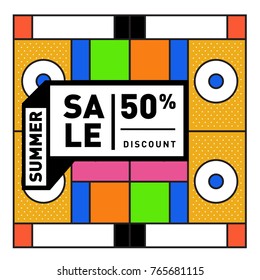 Summer sale memphis style web banner. Fashion and travel discount poster. Vector holiday Abstract colorful illustration with special offer and promotion.