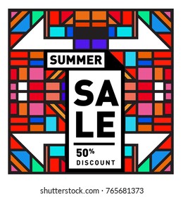 Summer sale memphis style web banner. Fashion and travel discount poster. Vector holiday Abstract colorful illustration with special offer and promotion.