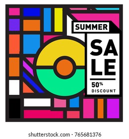 Summer sale memphis style web banner. Fashion and travel discount poster. Vector holiday Abstract colorful illustration with special offer and promotion.