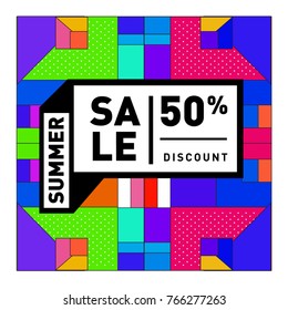 Summer sale memphis style web banner. Fashion and travel discount poster. Vector holiday Abstract colorful illustration with special offer and promotion.