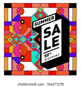 Summer sale memphis style web banner. Fashion and travel discount poster. Vector holiday Abstract colorful illustration with special offer and promotion.