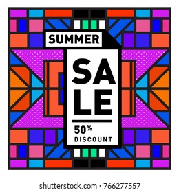 Summer sale memphis style web banner. Fashion and travel discount poster. Vector holiday Abstract colorful illustration with special offer and promotion.