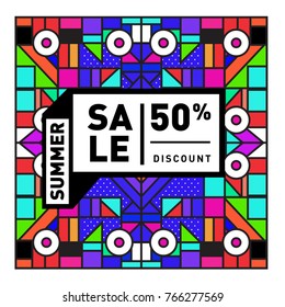 Summer sale memphis style web banner. Fashion and travel discount poster. Vector holiday Abstract colorful illustration with special offer and promotion.