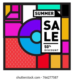 Summer sale memphis style web banner. Fashion and travel discount poster. Vector holiday Abstract colorful illustration with special offer and promotion.