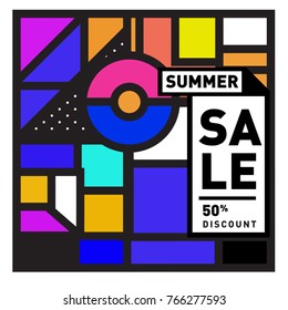 Summer sale memphis style web banner. Fashion and travel discount poster. Vector holiday Abstract colorful illustration with special offer and promotion.