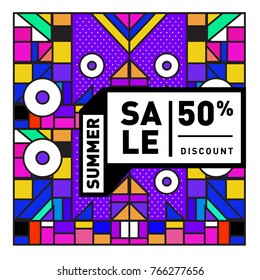 Summer sale memphis style web banner. Fashion and travel discount poster. Vector holiday Abstract colorful illustration with special offer and promotion.