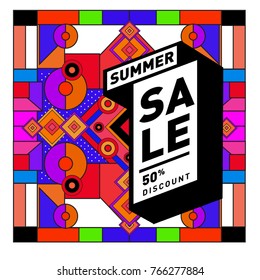 Summer sale memphis style web banner. Fashion and travel discount poster. Vector holiday Abstract colorful illustration with special offer and promotion.