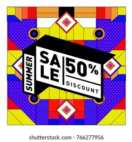 Summer sale memphis style web banner. Fashion and travel discount poster. Vector holiday Abstract colorful illustration with special offer and promotion.