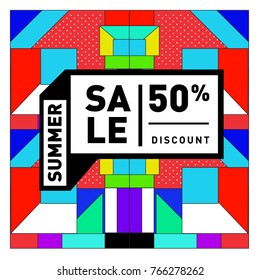 Summer sale memphis style web banner. Fashion and travel discount poster. Vector holiday Abstract colorful illustration with special offer and promotion.