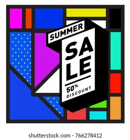 Summer sale memphis style web banner. Fashion and travel discount poster. Vector holiday Abstract colorful illustration with special offer and promotion.