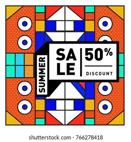 Summer sale memphis style web banner. Fashion and travel discount poster. Vector holiday Abstract colorful illustration with special offer and promotion.