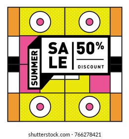 Summer sale memphis style web banner. Fashion and travel discount poster. Vector holiday Abstract colorful illustration with special offer and promotion.