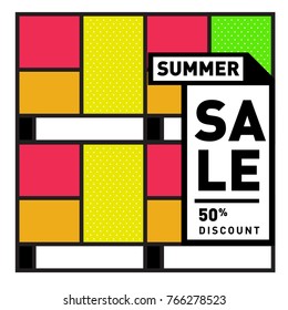 Summer sale memphis style web banner. Fashion and travel discount poster. Vector holiday Abstract colorful illustration with special offer and promotion.
