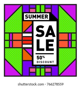 Summer sale memphis style web banner. Fashion and travel discount poster. Vector holiday Abstract colorful illustration with special offer and promotion.