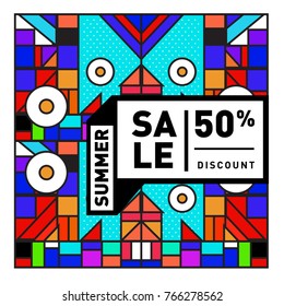 Summer sale memphis style web banner. Fashion and travel discount poster. Vector holiday Abstract colorful illustration with special offer and promotion.