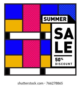 Summer sale memphis style web banner. Fashion and travel discount poster. Vector holiday Abstract colorful illustration with special offer and promotion.