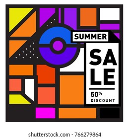 Summer sale memphis style web banner. Fashion and travel discount poster. Vector holiday Abstract colorful illustration with special offer and promotion.