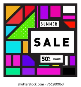 Summer sale memphis style web banner. Fashion and travel discount poster. Vector holiday Abstract colorful illustration with special offer and promotion.