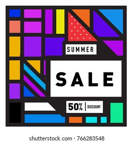 Summer sale memphis style web banner. Fashion and travel discount poster. Vector holiday Abstract colorful illustration with special offer and promotion.