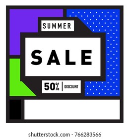 Summer sale memphis style web banner. Fashion and travel discount poster. Vector holiday Abstract colorful illustration with special offer and promotion.