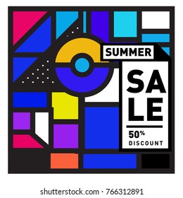 Summer sale memphis style web banner. Fashion and travel discount poster. Vector holiday Abstract colorful illustration with special offer and promotion.