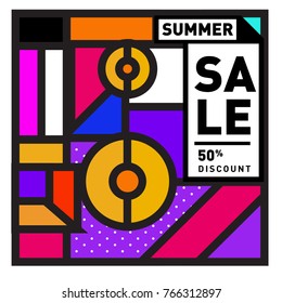 Summer sale memphis style web banner. Fashion and travel discount poster. Vector holiday Abstract colorful illustration with special offer and promotion.