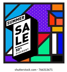 Summer sale memphis style web banner. Fashion and travel discount poster. Vector holiday Abstract colorful illustration with special offer and promotion.