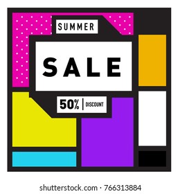 Summer sale memphis style web banner. Fashion and travel discount poster. Vector holiday Abstract colorful illustration with special offer and promotion.