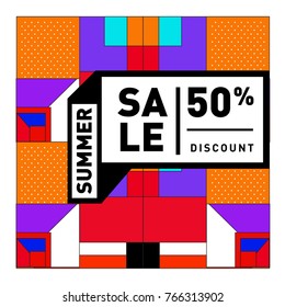 Summer sale memphis style web banner. Fashion and travel discount poster. Vector holiday Abstract colorful illustration with special offer and promotion.