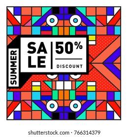 Summer sale memphis style web banner. Fashion and travel discount poster. Vector holiday Abstract colorful illustration with special offer and promotion.